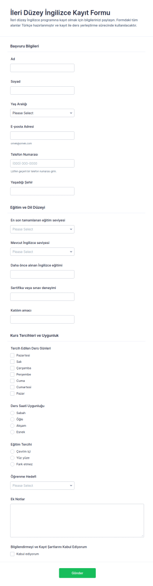 İleri Düzey İngilizce Çalışma Kaydı Form Şablonu
