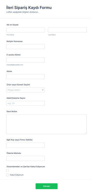 İleri Sipariş Kaydı Form Şablonu