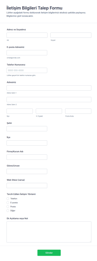 İletişim Bilgisi Talep Form Şablonu