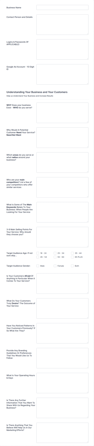 Infinity Marketing Onboarding Questionnaire Form Template