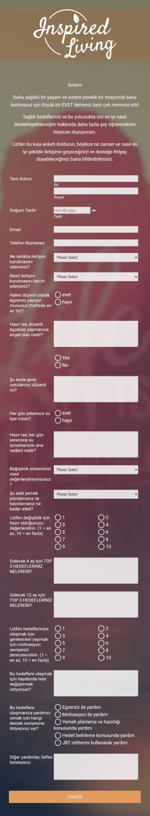 İlham Veren Yaşam Müşteri Bakım Form Şablonu