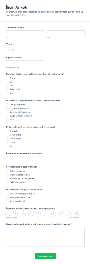 İlişki Anketi Form Şablonu