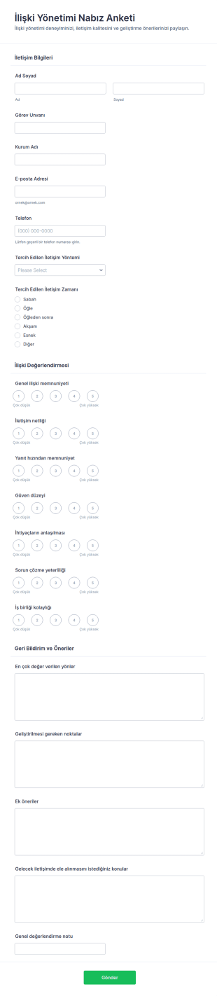 İlişki Yönetimi Nabız Anketi Form Şablonu