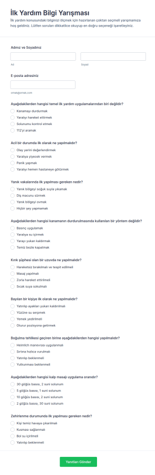 İlk Yardım Bilgi Yarışması Anketi 🎉 Form Şablonu