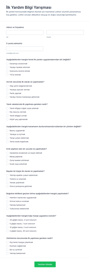 İlk Yardım Bilgi Yarışması Anketi 🎉 Form Şablonu