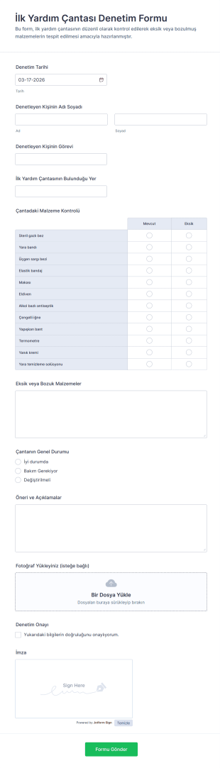 İlk Yardım Çantası Denetim Form Şablonu