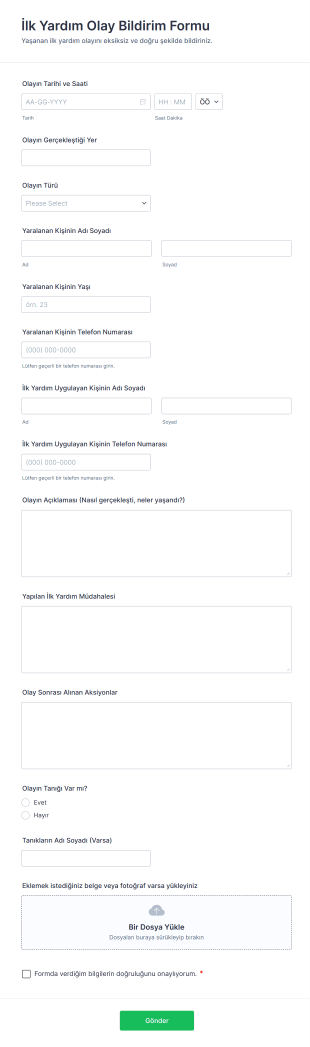 İlk Yardım Olay Bildirim Form Template