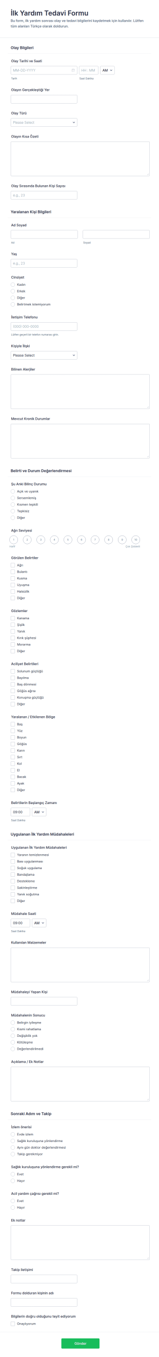 İlk Yardım Tedavi Form Şablonu