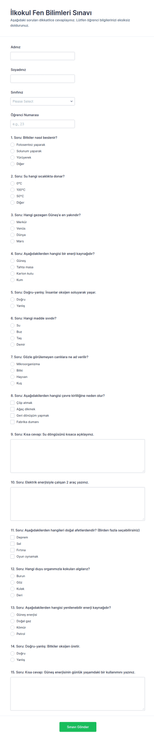 İlköğretim Fen Bilimleri Quiz Form Şablonu