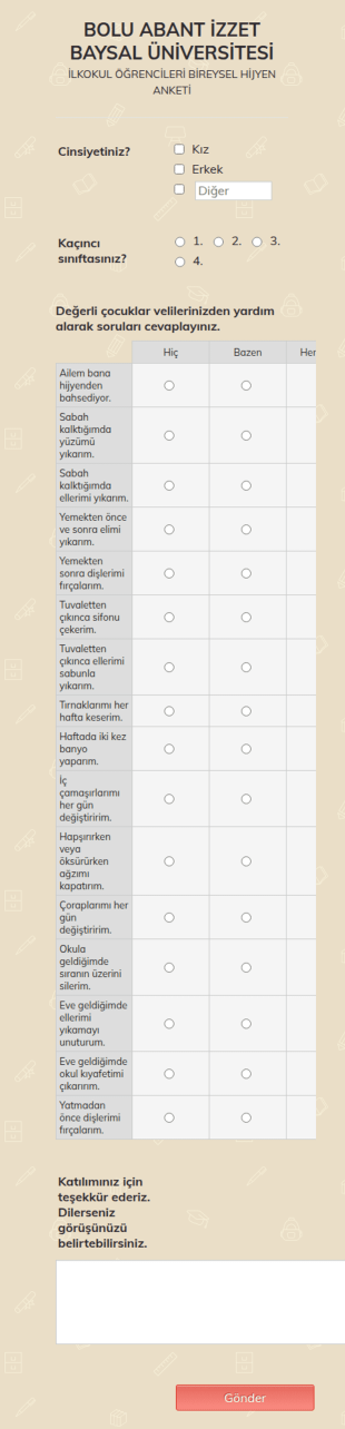 İlkokul Öğrencileri Bireysel Hijyen Anketi Form Şablonu