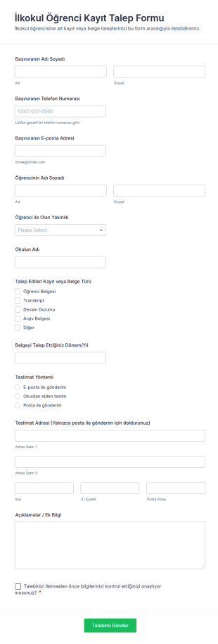 İlkokul Öğrenci Kayıt Talep Formu 🎒📚 Form Şablonu