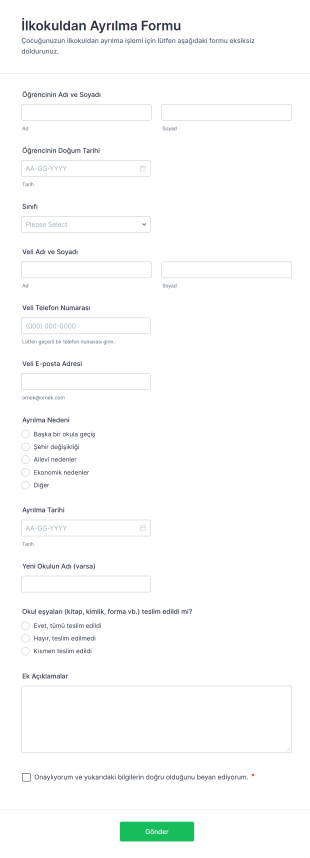 İlkokuldan Ayrılma Form Şablonu