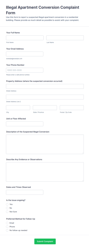 Illegal Apartment Conversion Complaint Form Template