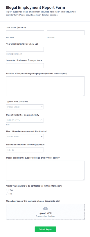 Illegal Employment Report Form Template