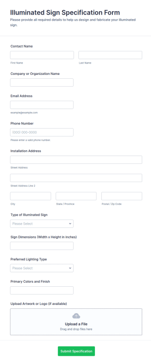 Illuminated Sign Specification Form Template
