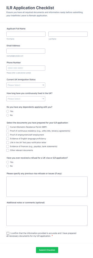 ILR Application Checklist Form Template