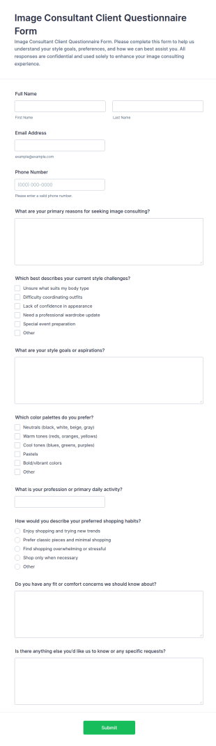 Image Consultant Client Questionnaire Form Template