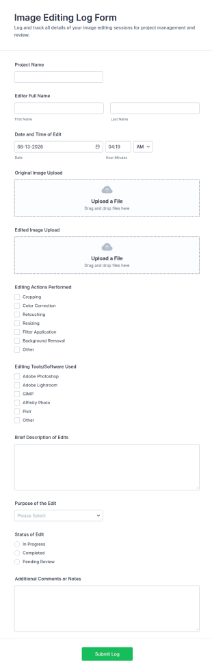 Image Editing Log Form Template