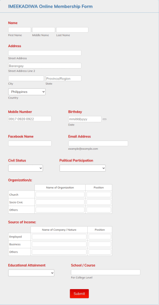 IMEEKADIWA Online Membership Form Template