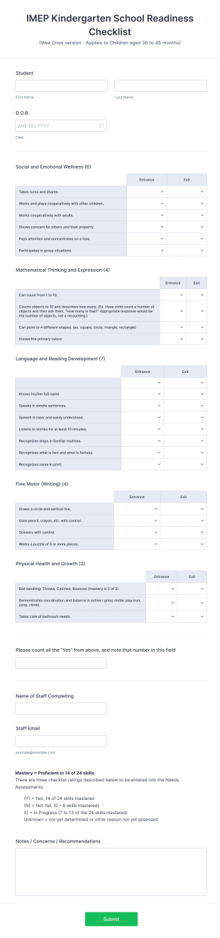 Kindergarten School Readiness Checklist Form Template