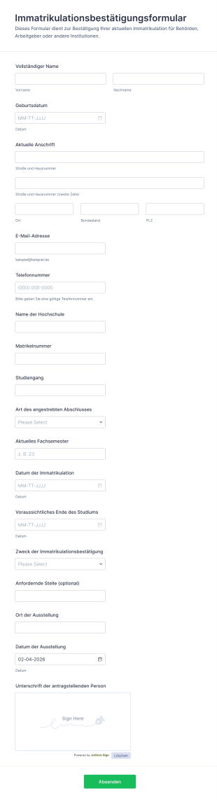 Immatrikulationsbestätigungsformular