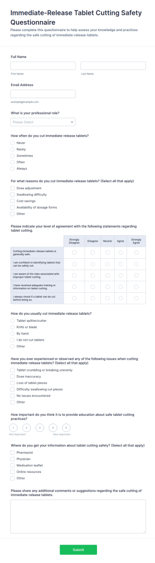 Immediate Release Tablet Cutting Safety Questionnaire Form Template