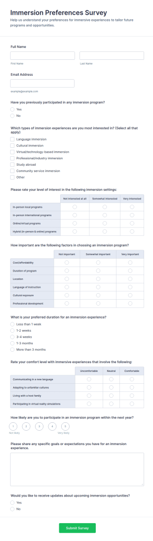 Immersion Preferences Survey Form Template