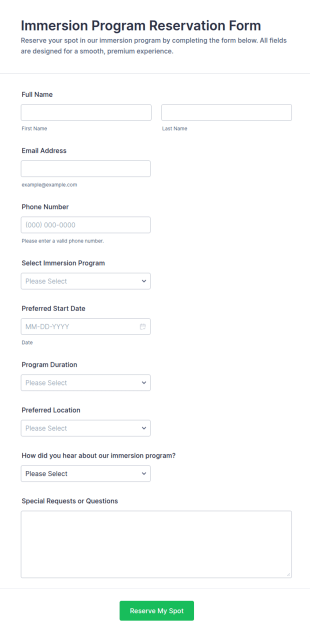 Immersion Program Reservation Form Template