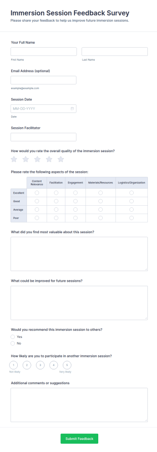 Immersion Session Feedback Survey Form Template