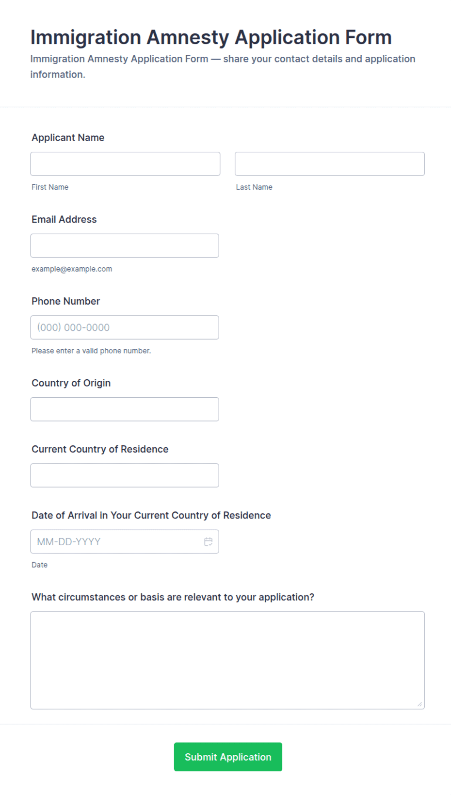 Immigration Amnesty Application Form Template | Jotform