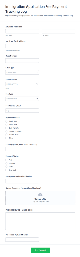 Immigration Application Fee Payment Tracking Log Form Template