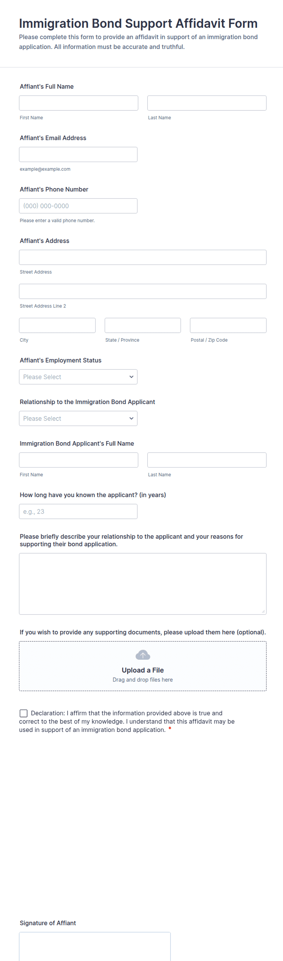 Immigration Bond Support Affidavit Form Template | Jotform