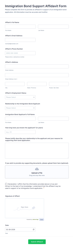 Immigration Bond Support Affidavit Form Template