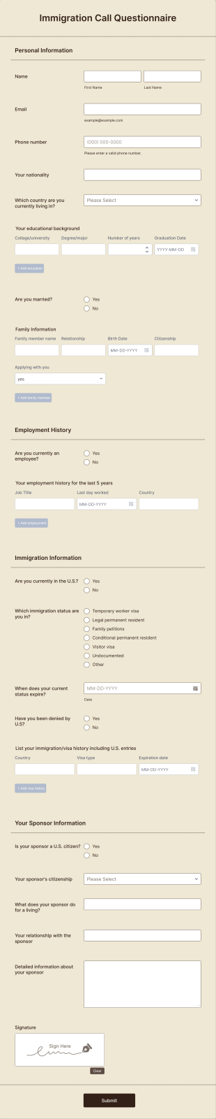 Immigration Call Questionnaire Form Template