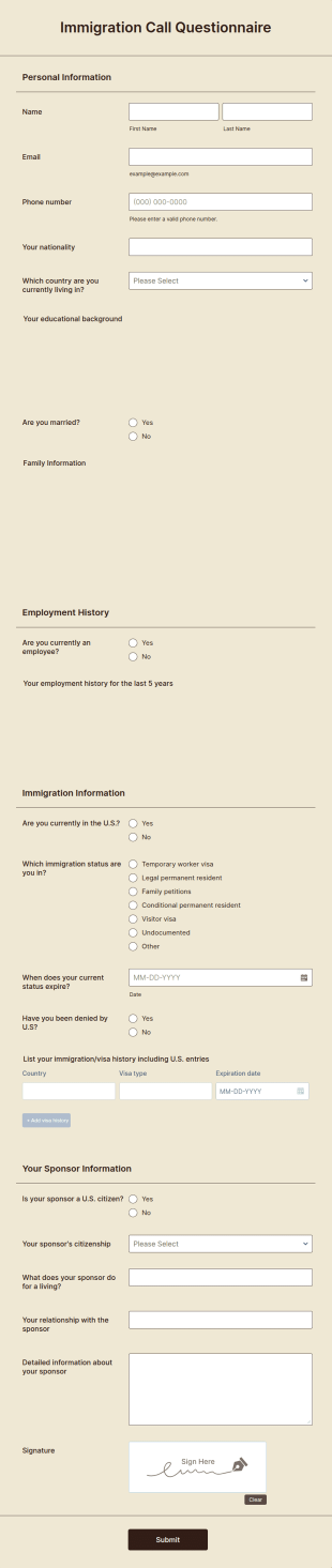 Immigration Call Questionnaire Form Template