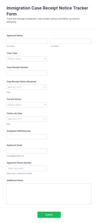 Immigration Case Receipt Notice Tracker Form Template