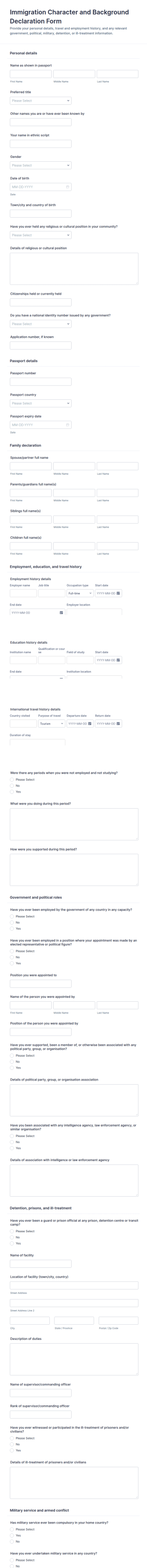 Immigration Character And Background Declaration Form Template