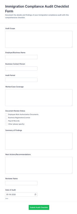 Immigration Compliance Audit Checklist Form Template