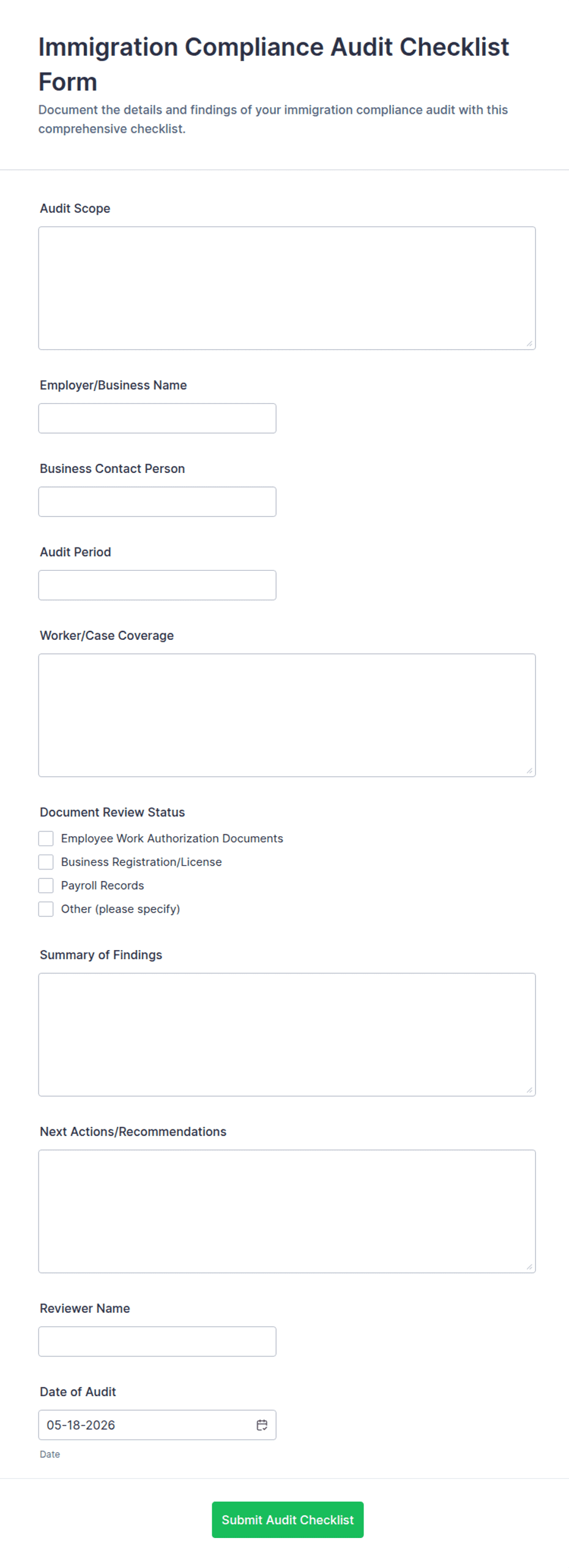 Immigration Compliance Audit Checklist Form Template | Jotform