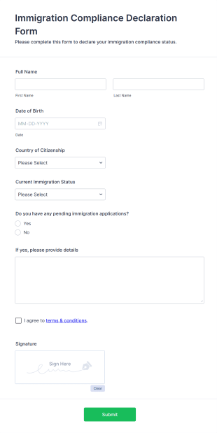 Immigration Compliance Declaration Form Template