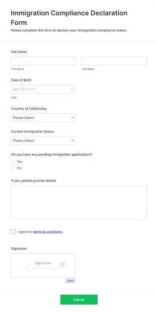Immigration Compliance Declaration Form Form Template
