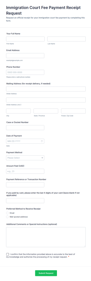 Immigration Court Fee Payment Receipt Request Form Template