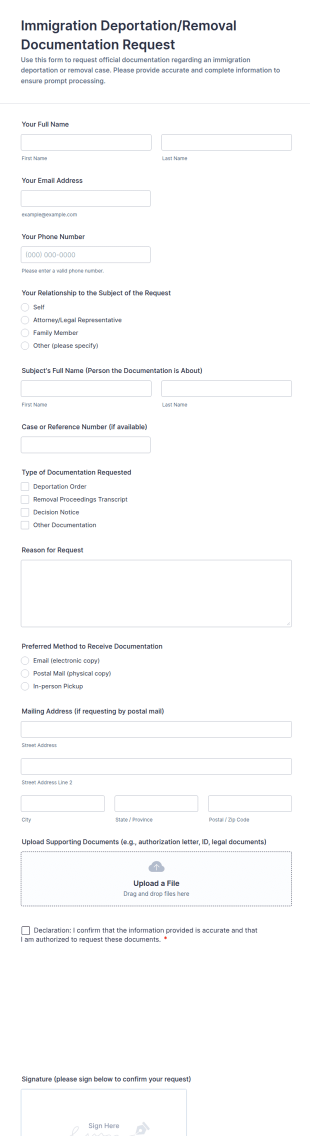 Immigration Deportation/Removal Documentation Request Form Template