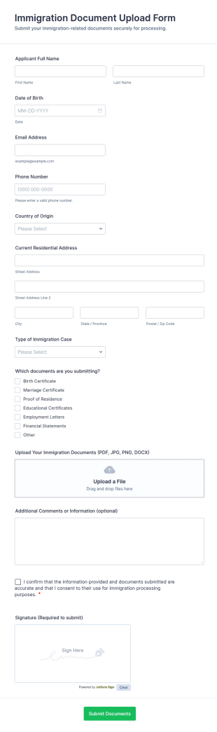 Immigration Document Upload Form Template