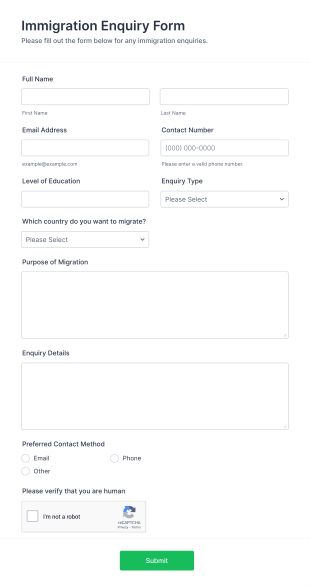 Immigration Enquiry Form Template