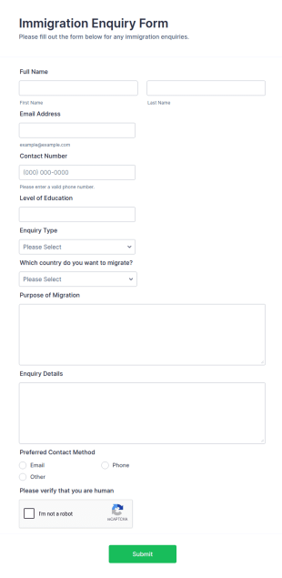Immigration Enquiry Form Template