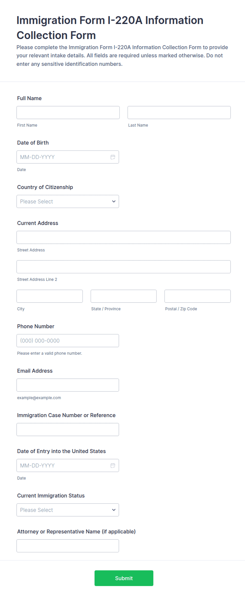 Immigration Form I-220A Information Collection Form | Jotform