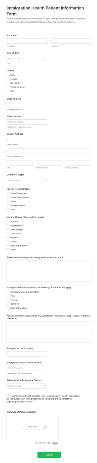 Immigration Health Patient Information Form Template