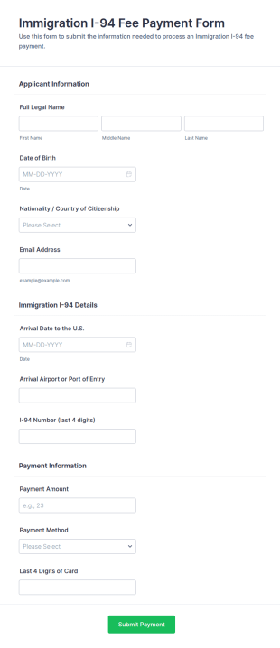 Immigration I 94 Fee Payment Form Template