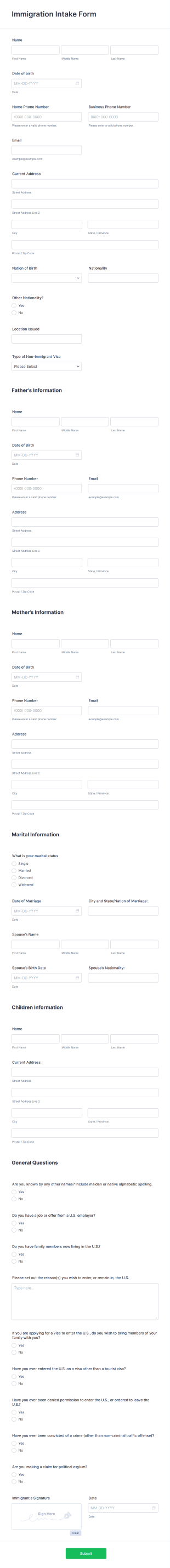 Immigration Intake Form Template